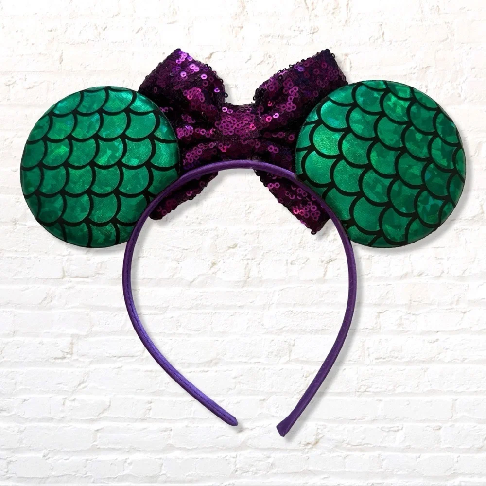 Disney Ariel Little Mermaid Mouse Ears Purple Sequin Bow Green Mermaid Scales